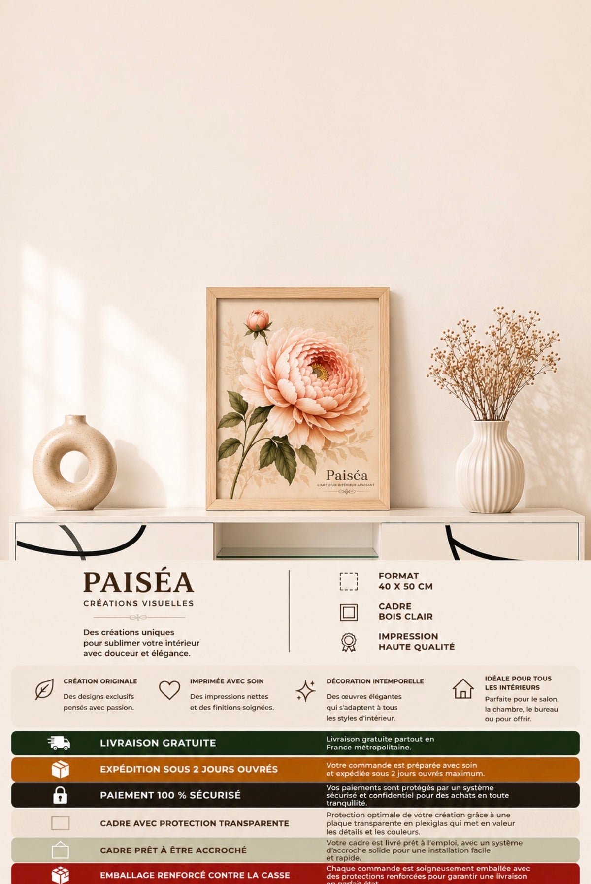 Cadre décoratif floral Paiséa – Pivoine – 40 × 50 cm