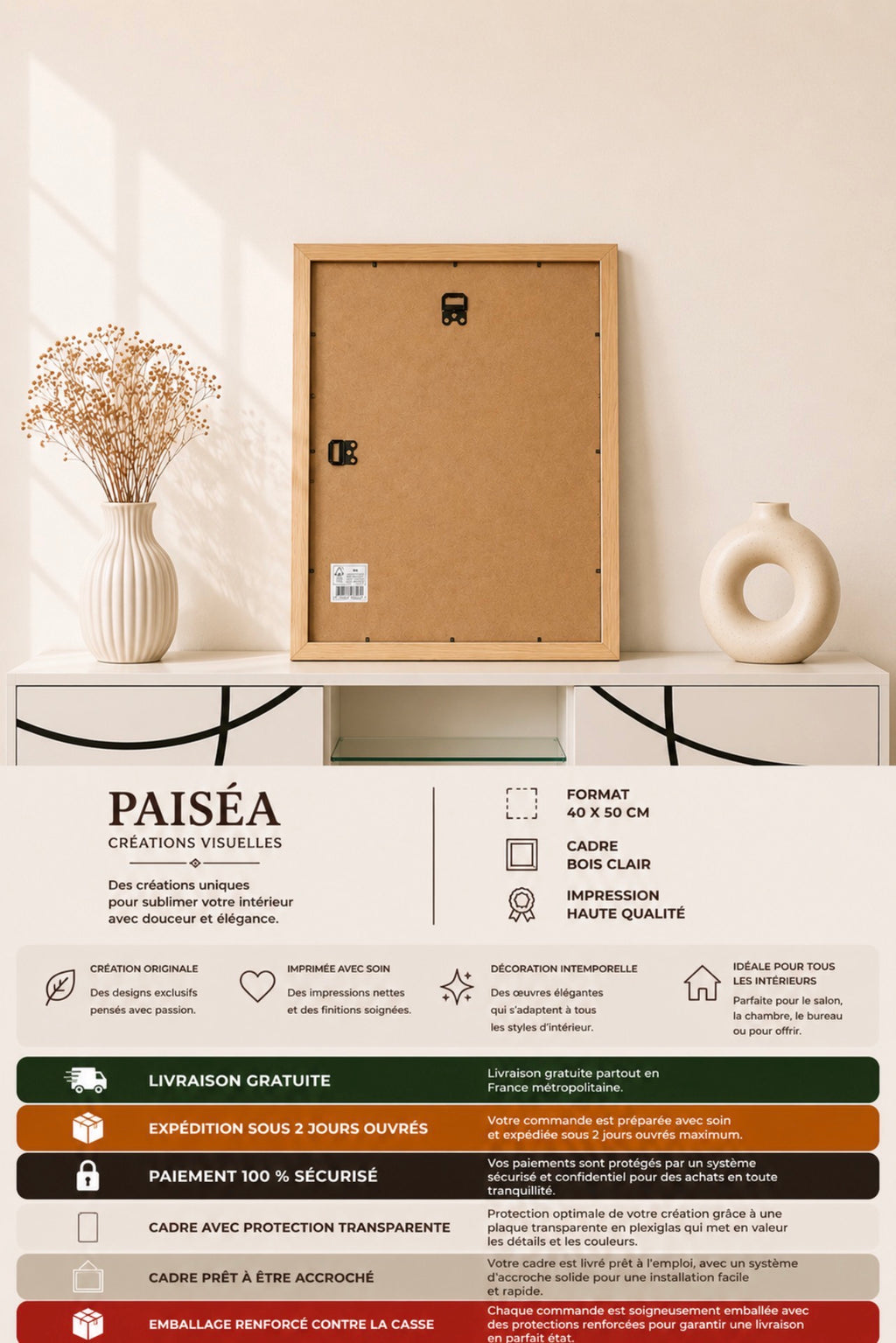 Cadre décoratif floral Paiséa – Pivoine – 40 × 50 cm