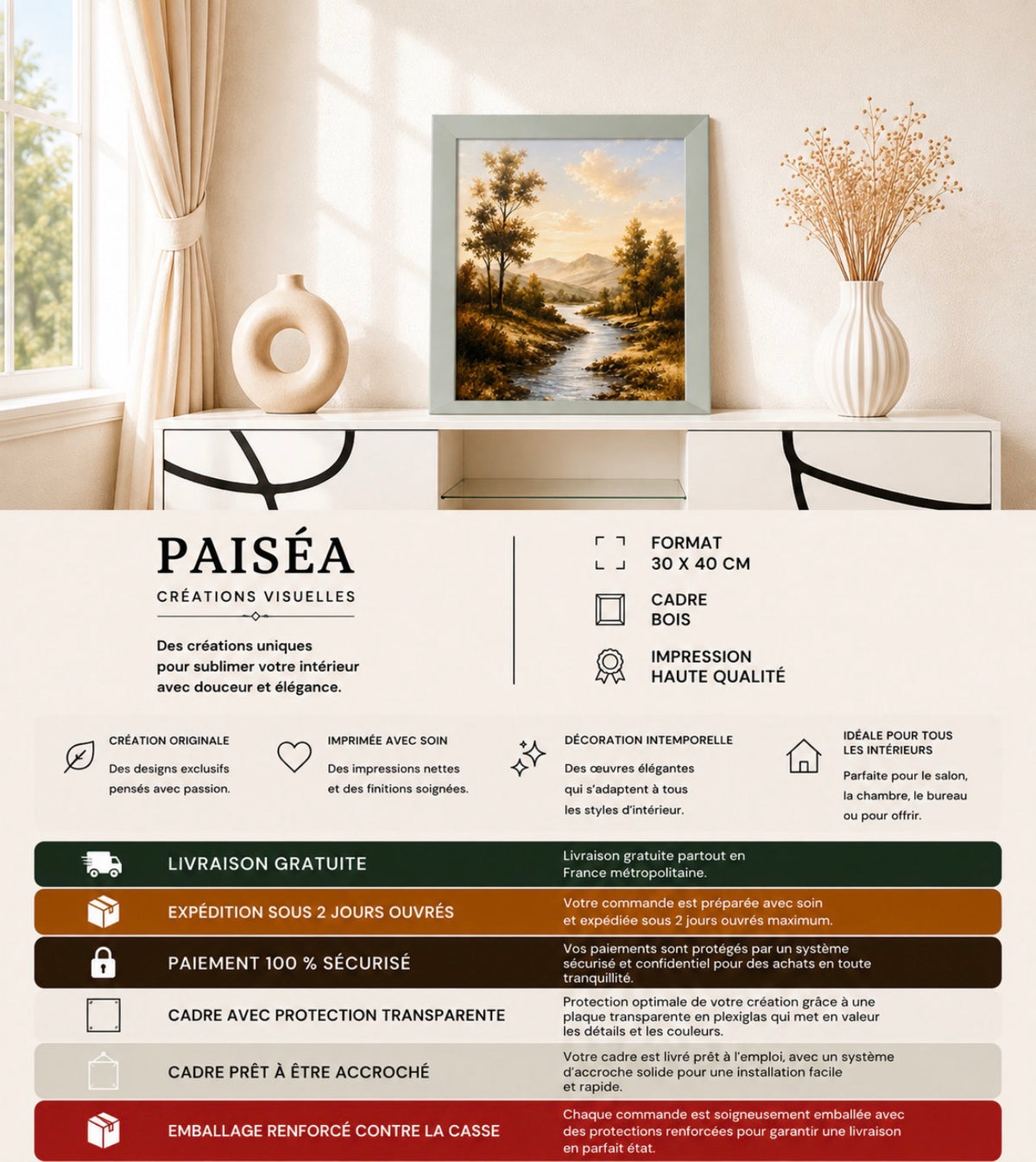 Cadre décoratif paiséa– Paysage nature – Vert sauge – 30 × 40 cm
