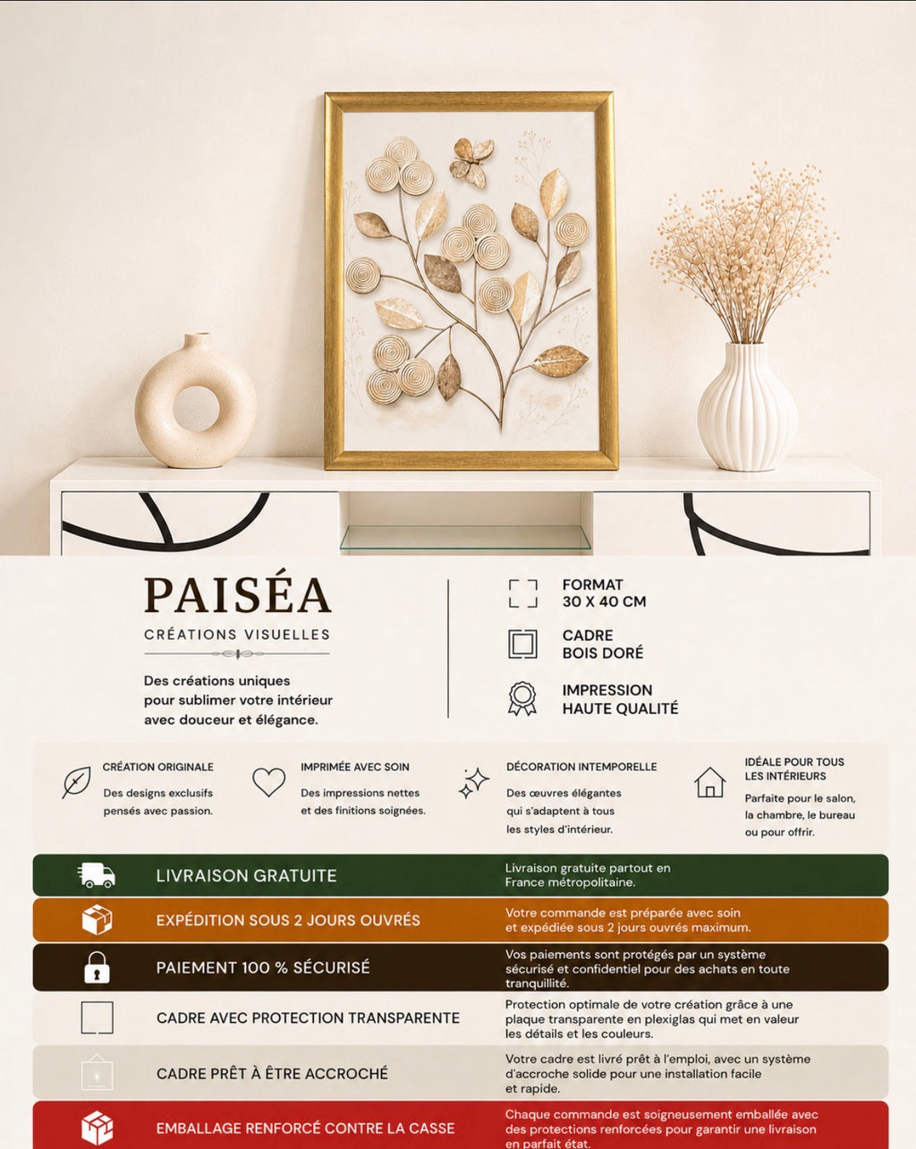 Cadre décoratif floral doré – Élégance naturelle – 30 × 40 cm