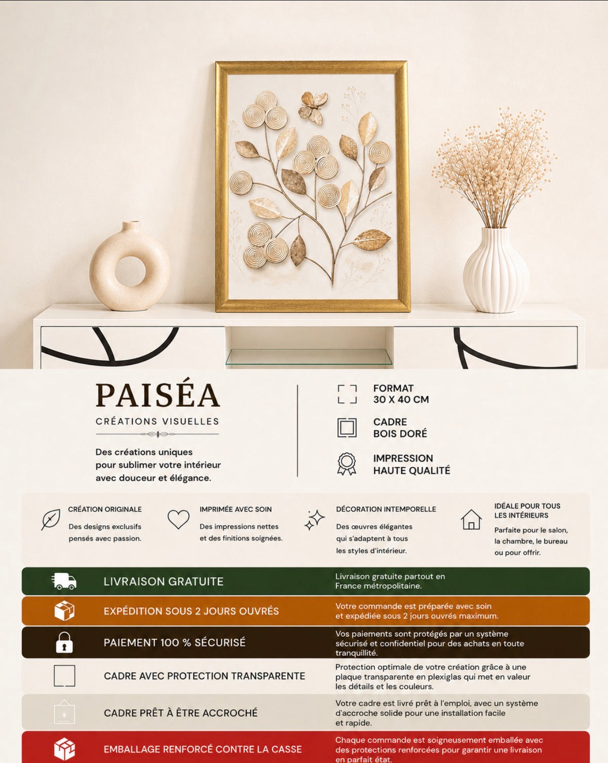 Cadre décoratif floral doré – Élégance naturelle – 30 × 40 cm